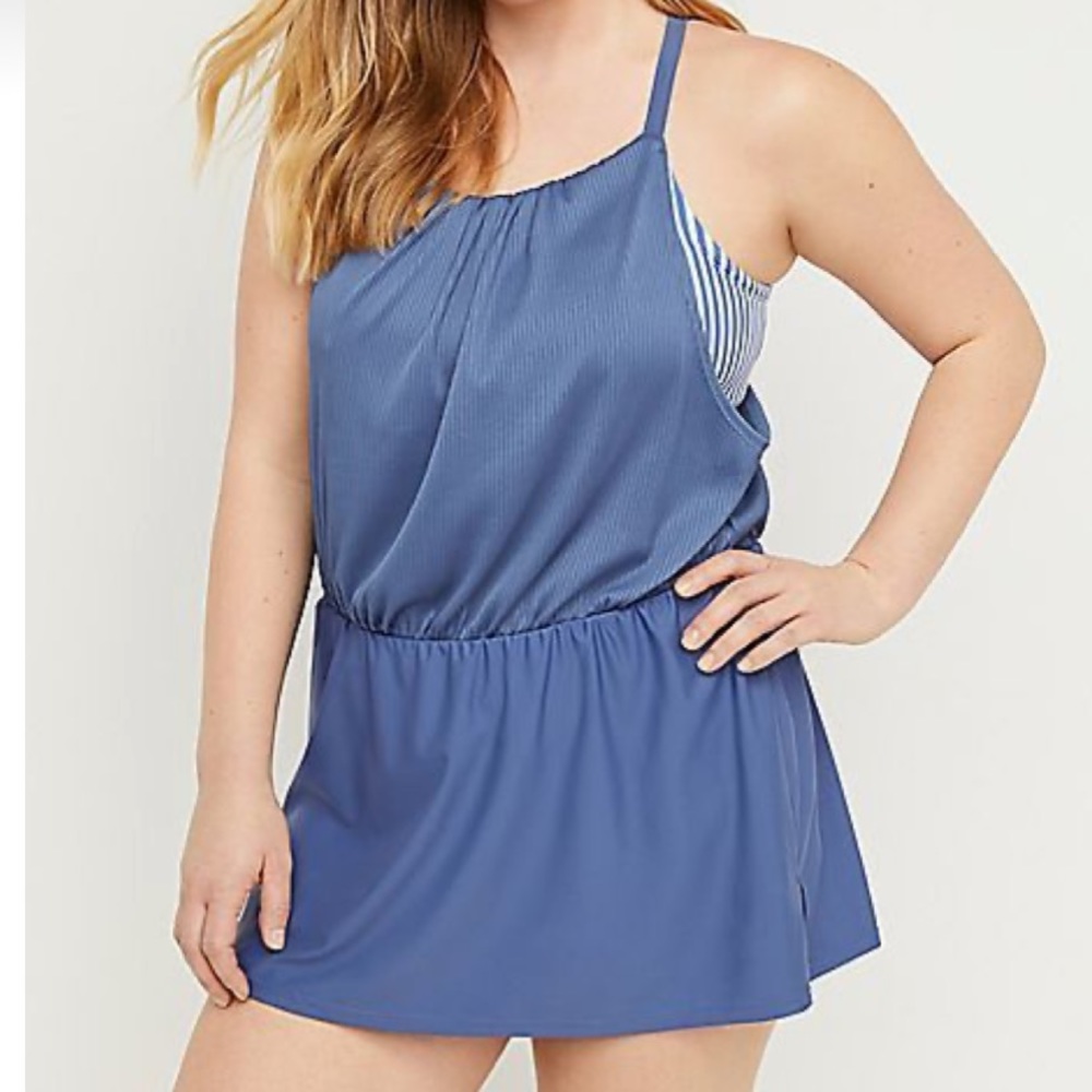 Swim by Cacique Dusty Blue / White Stripe Blousen Swim Dress NWT